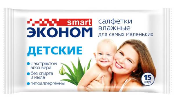 Салфетки влажные Эконом Smart Детские с алоэ вера 15шт фотография